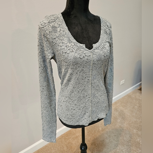 FREE PEOPLE + Intimately Sheer Lace Long Sleeve Top Cloud Ride Notch LARGE NWT - Picture 15 of 16